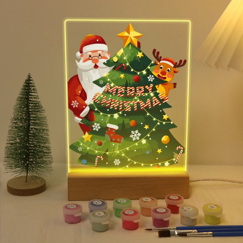 Paint by Numbers Christmas Lamp | Santa Claus and Reindeer Near the Tree
