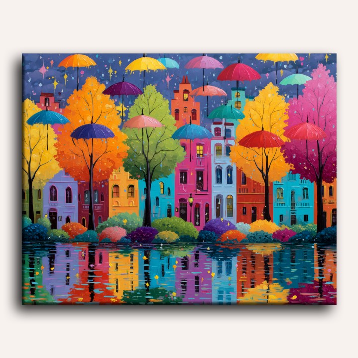 Colorful Buildings & Umbrellas | Paint by Number