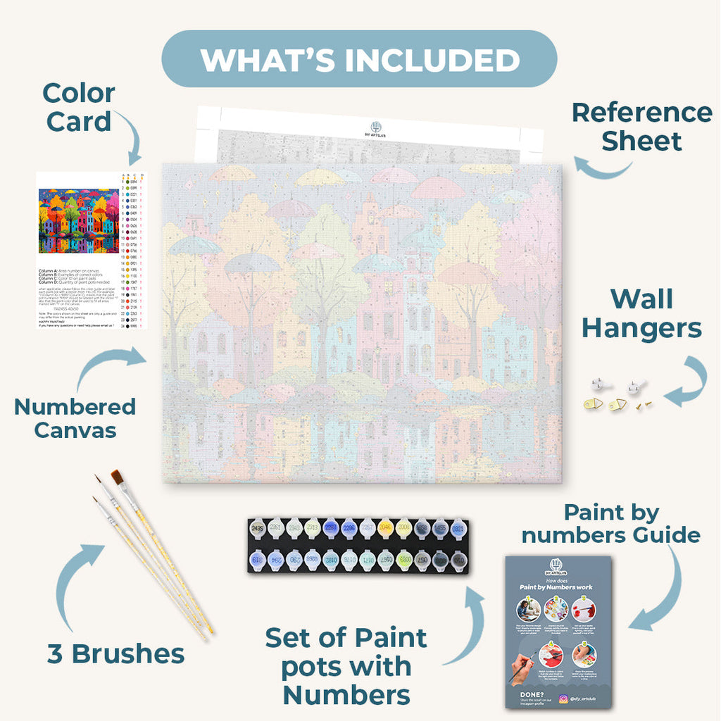 Colorful Buildings & Umbrellas | Paint by Number