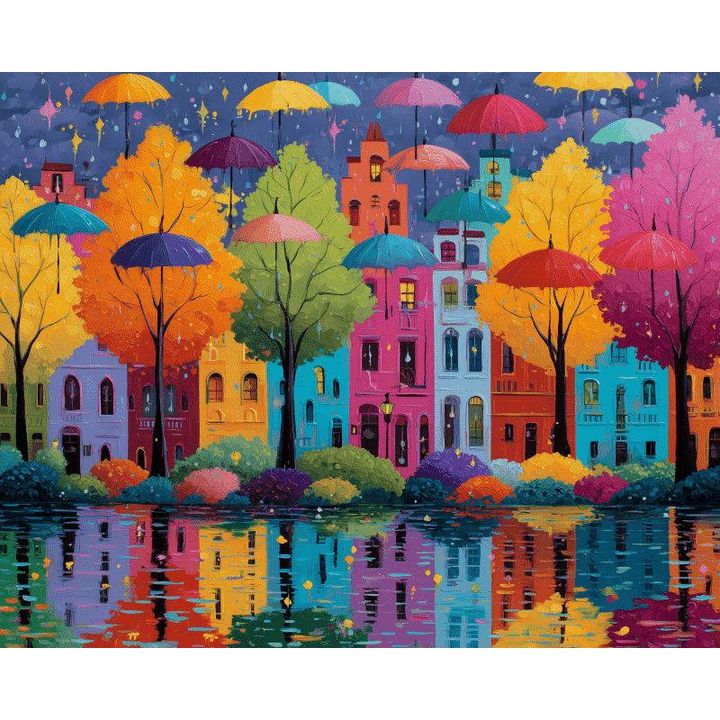 Colorful Buildings & Umbrellas | Paint by Number