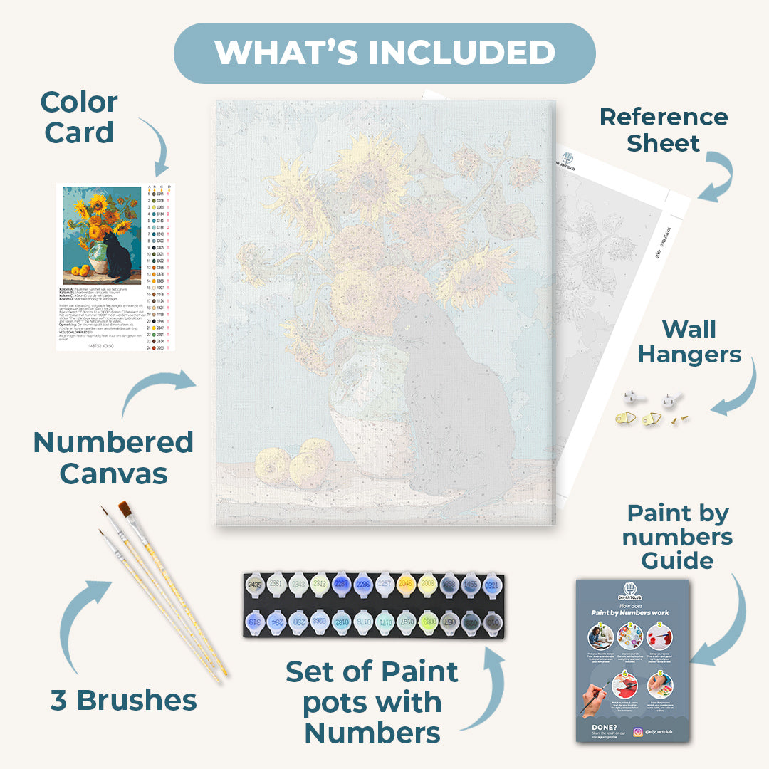 Famous sunflowers and a black cat | Paint by Number