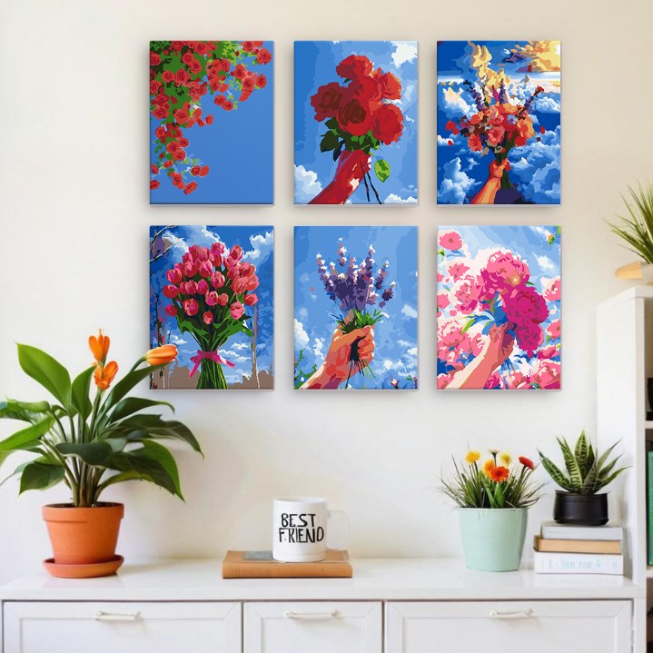 6 Mini Paintings - Bouquets in the Sky Set