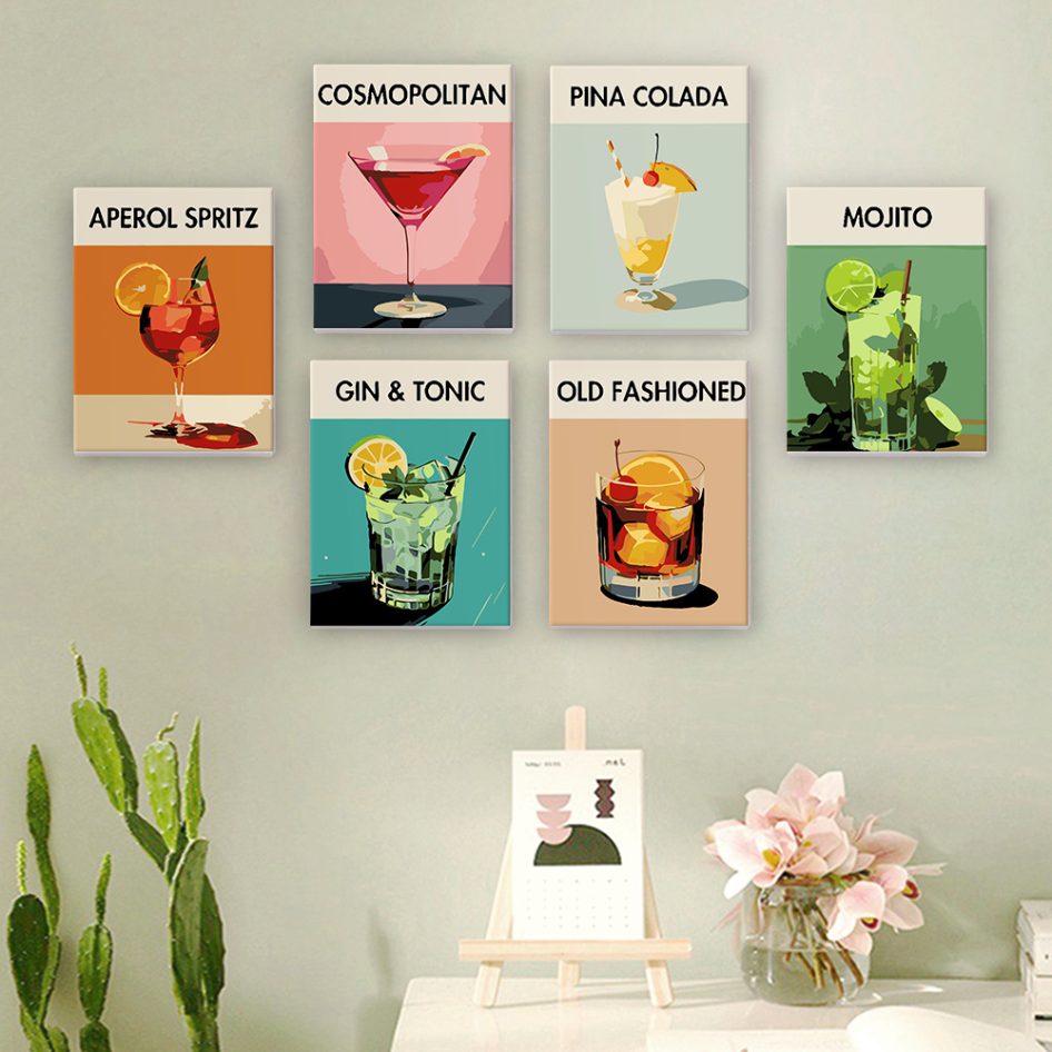 Sip & Paint Cocktail Set – 6 Mini Paint-by-Numbers + 6 Easels