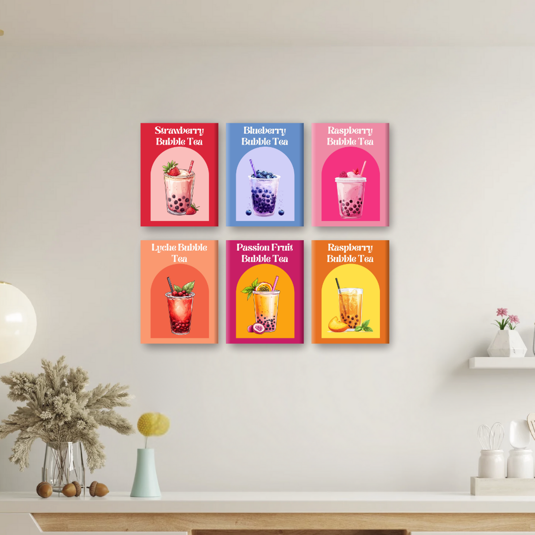 6 Mini Paintings - Colorful Bubble Tea Set