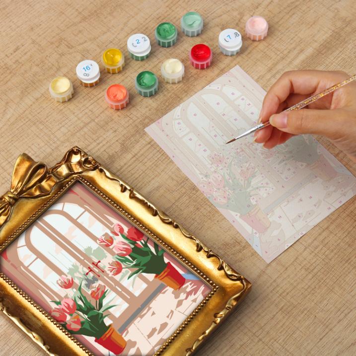 Mini Painting with Picture Frame – Tulips at the Door