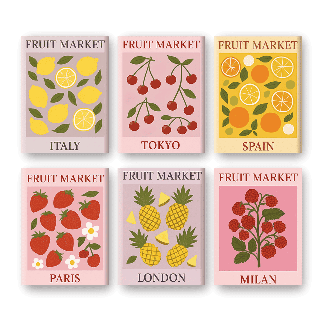 6 Mini Paintings - Fruit Market Set