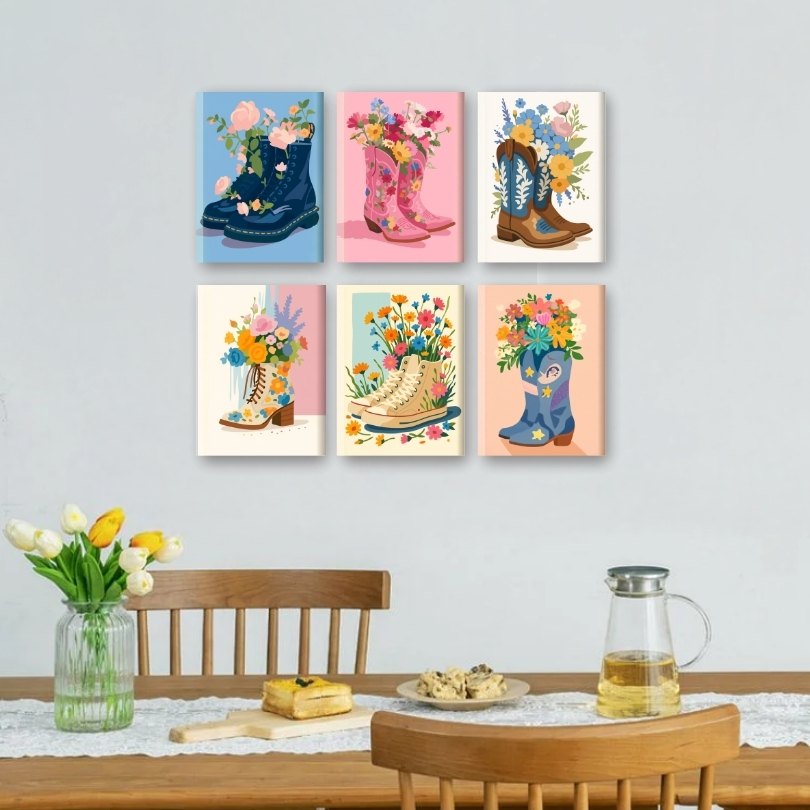 6 Mini Paintings - Flower Boots Set