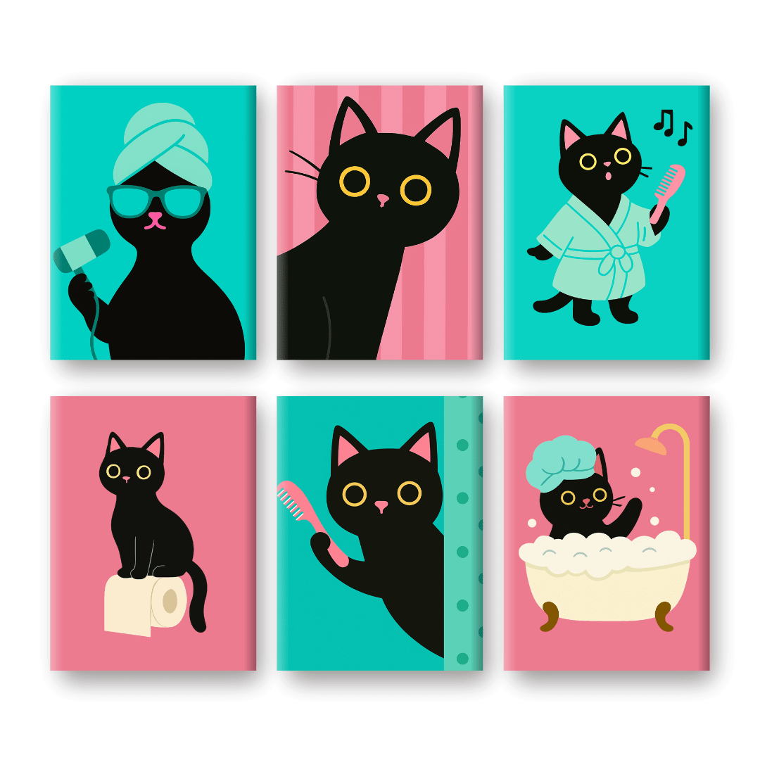6 Mini Paintings | Bathroom Cat Set