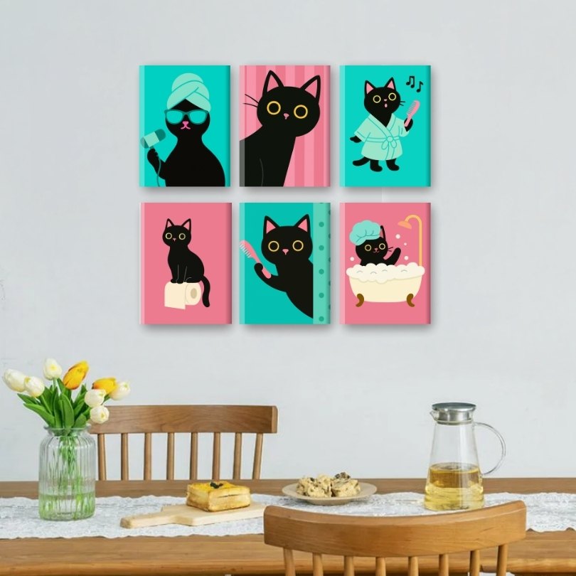 6 Mini Paintings | Bathroom Cat Set