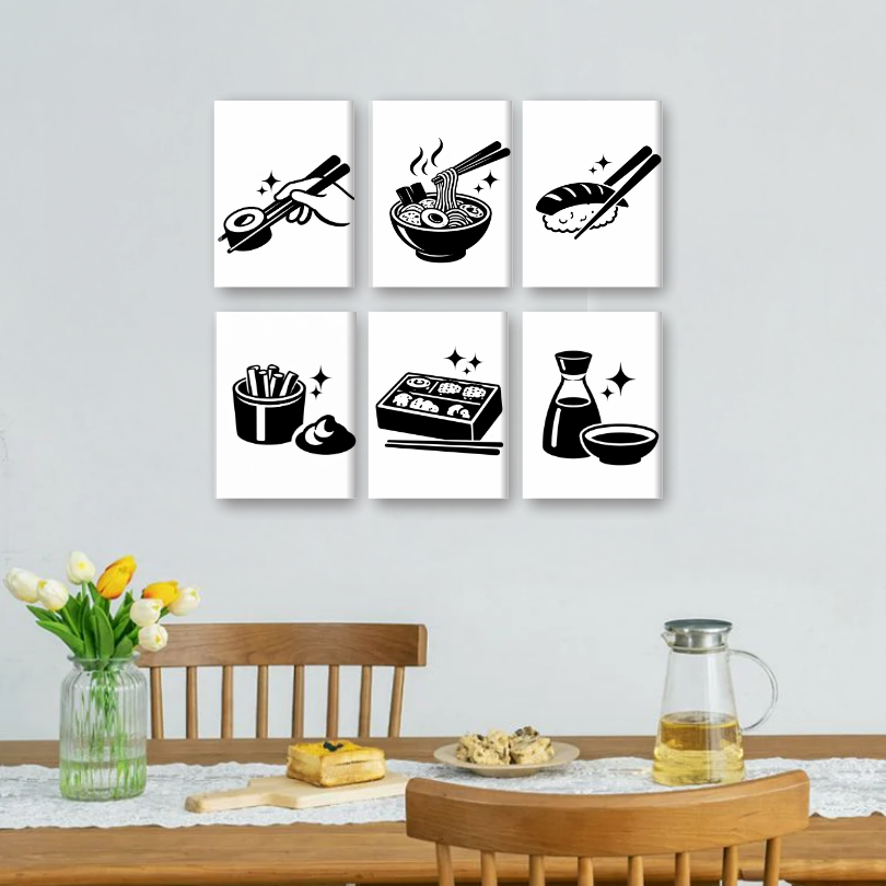 6 Mini Paintings - Black & White Sushi Set