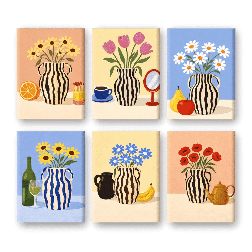 6 Mini Paintings - Blooming Vases Set