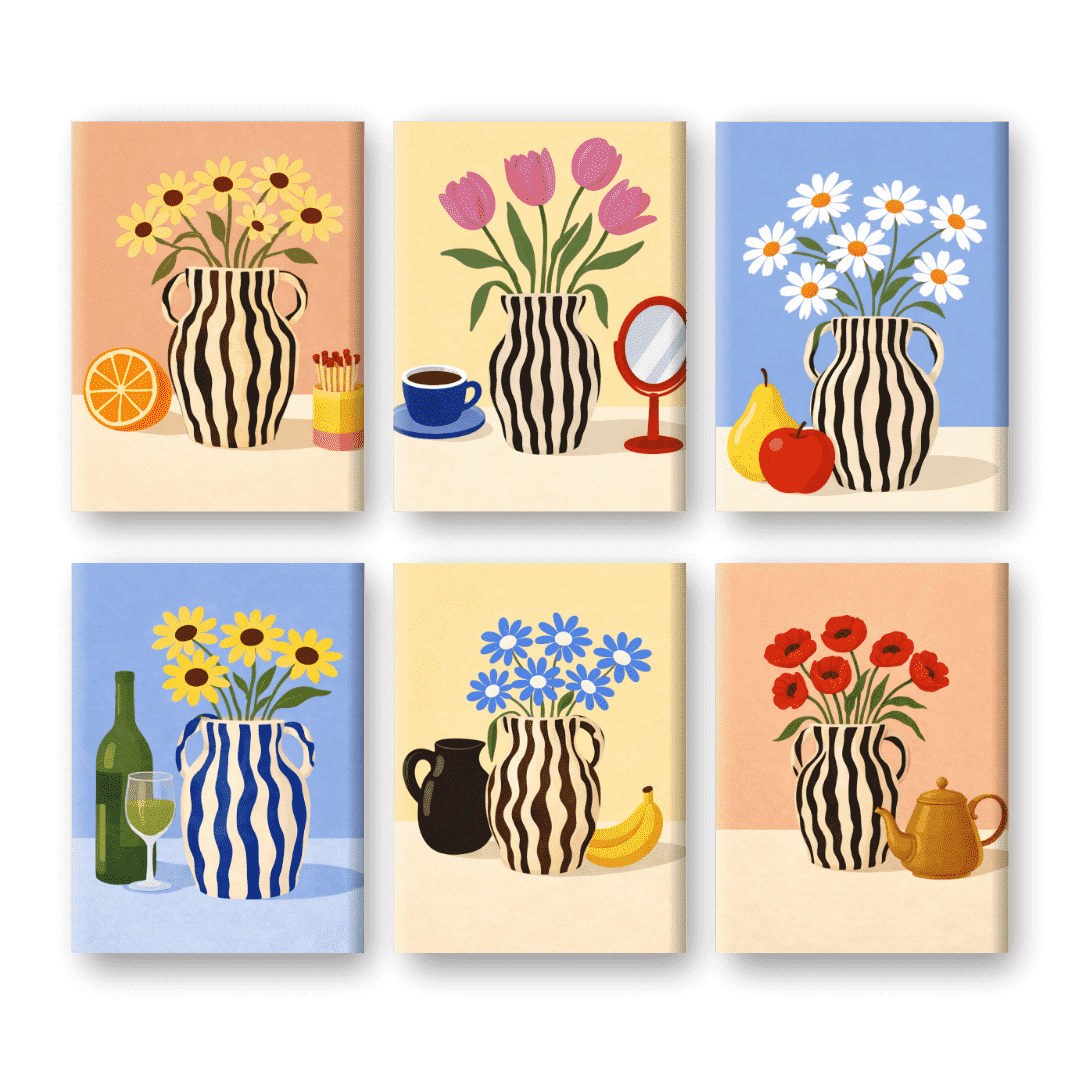 6 Mini Paintings - Blooming Vases Set