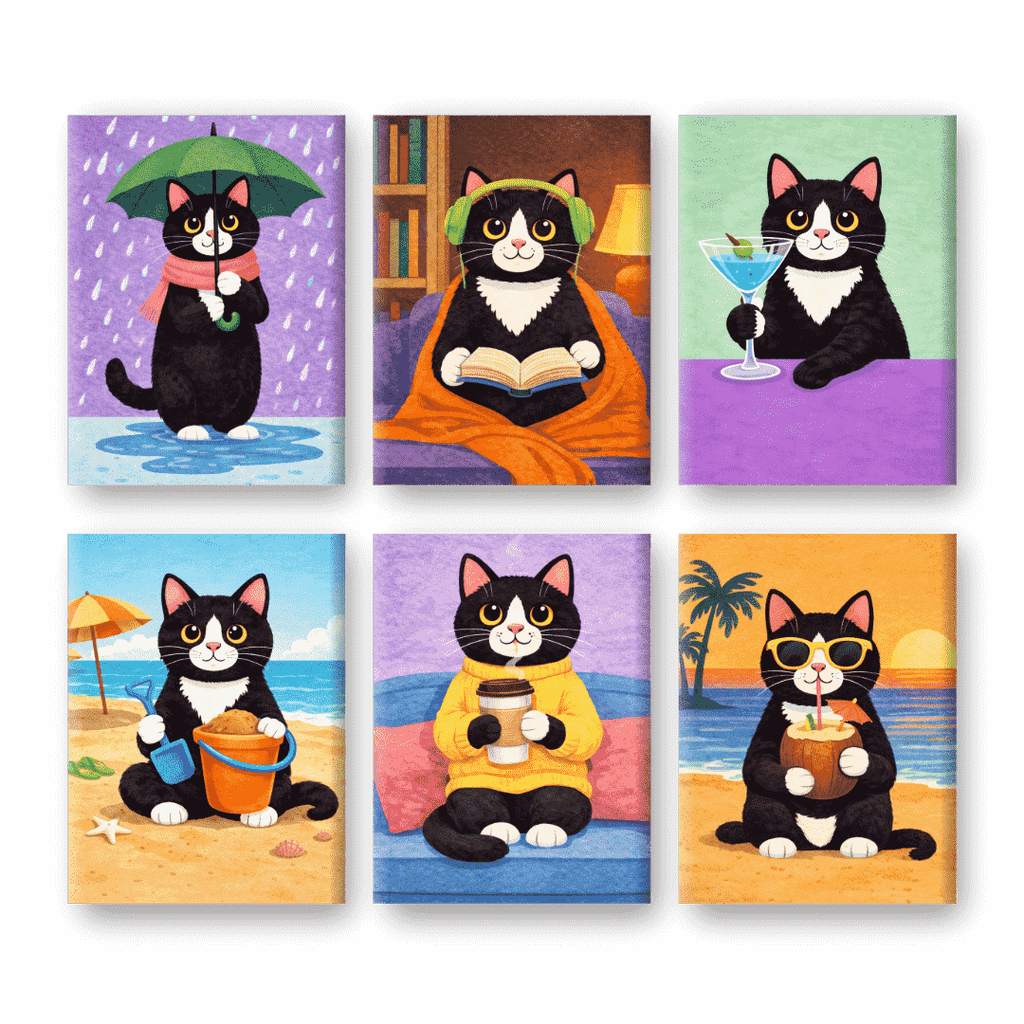 6 Mini Paintings - Cat Moments Set