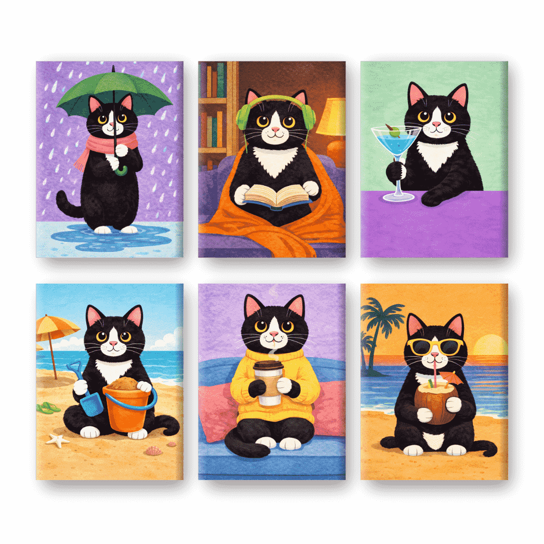 6 Mini Paintings - Cat Moments Set
