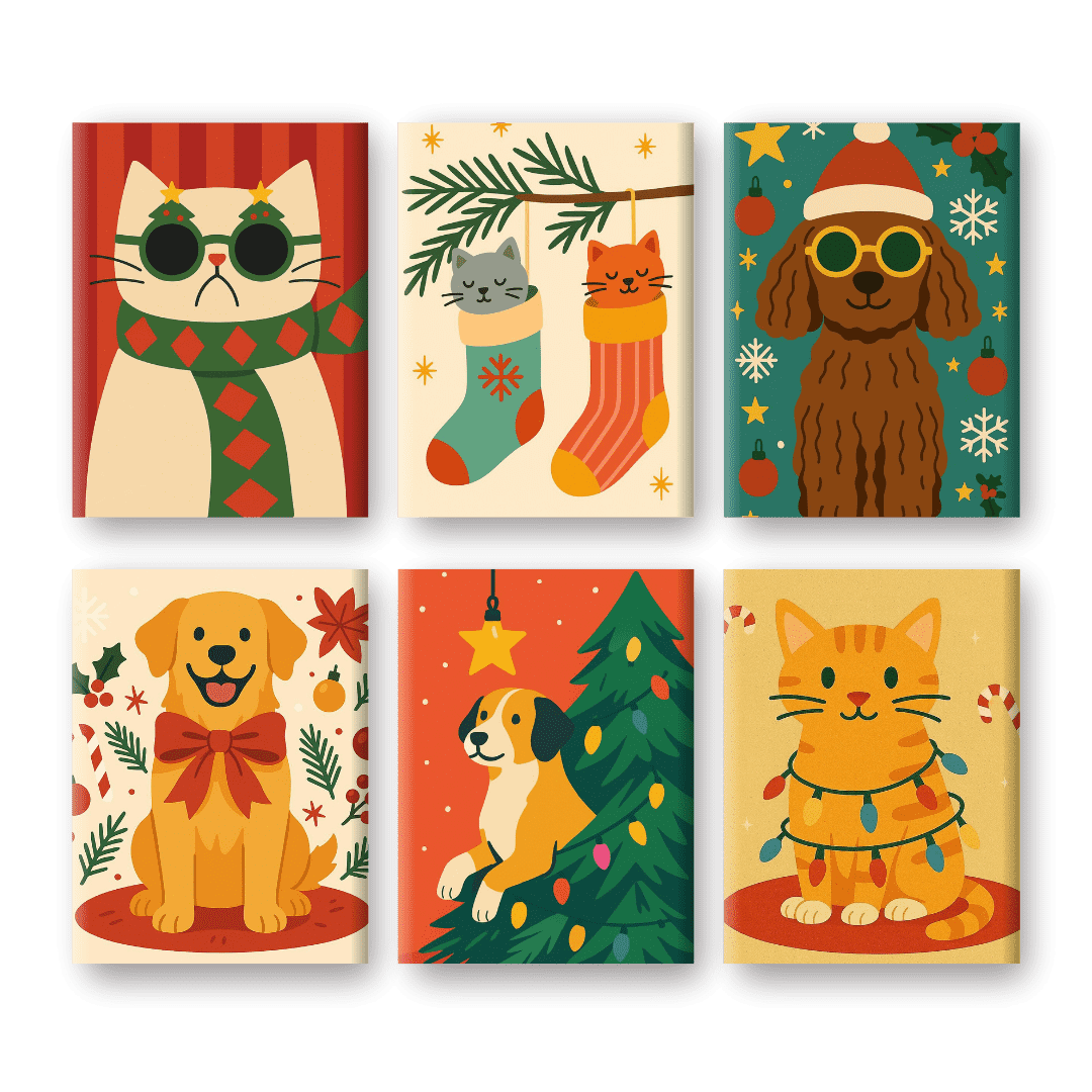 6 Mini Paintings - Cats & Dogs Christmas Set