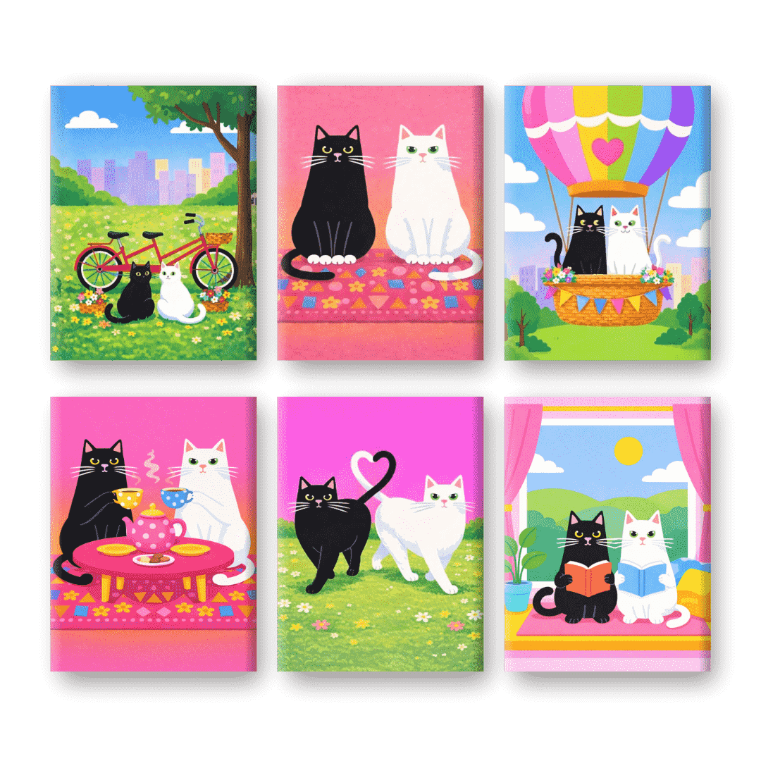 6 Mini Paintings - Cats in Love Set