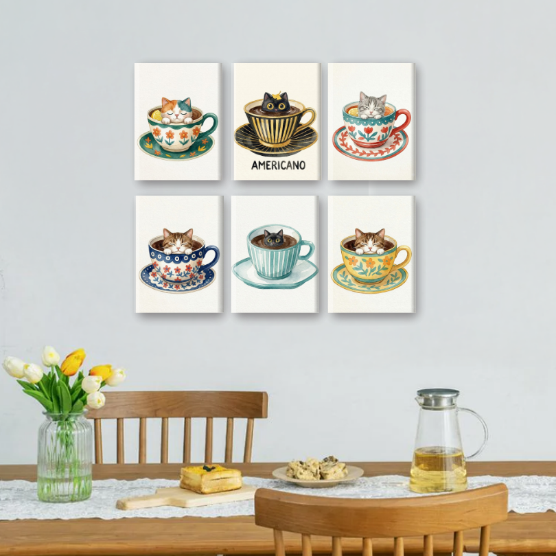 6 Mini Paintings - Cats in Cups Set