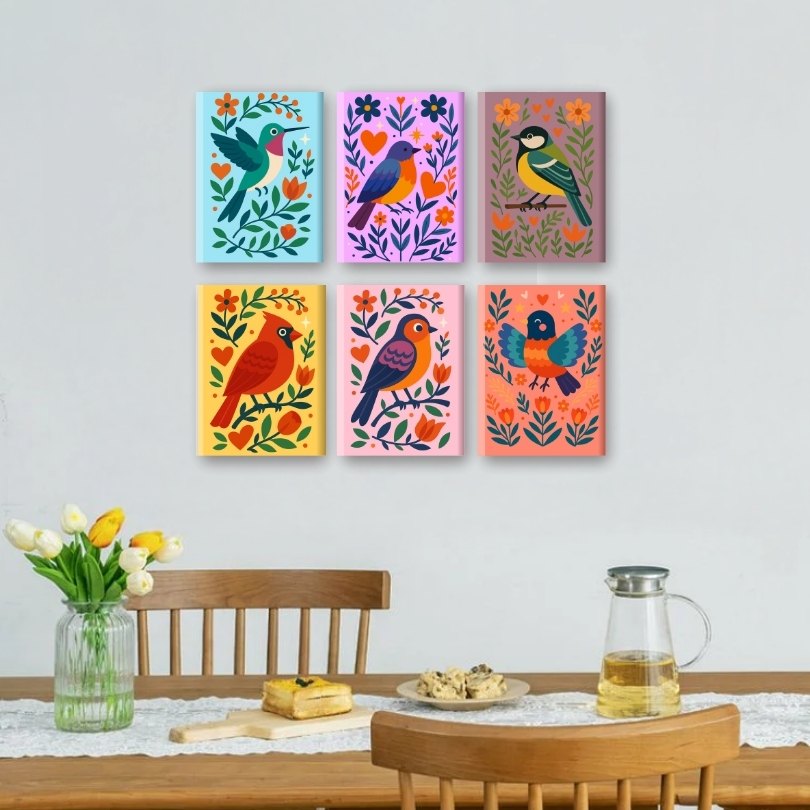 6 Mini Paintings - Colorful Birds Set