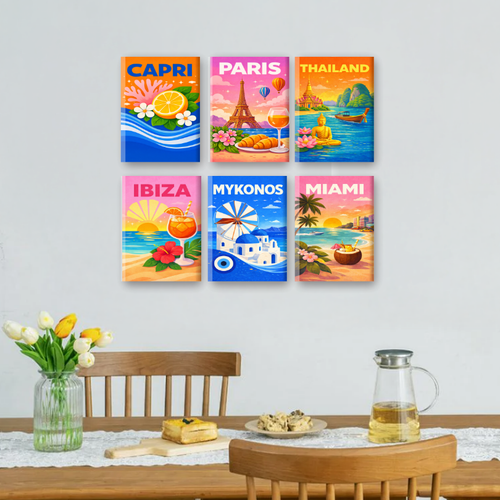 6 Mini Paintings - Colorful Travel Posters Set