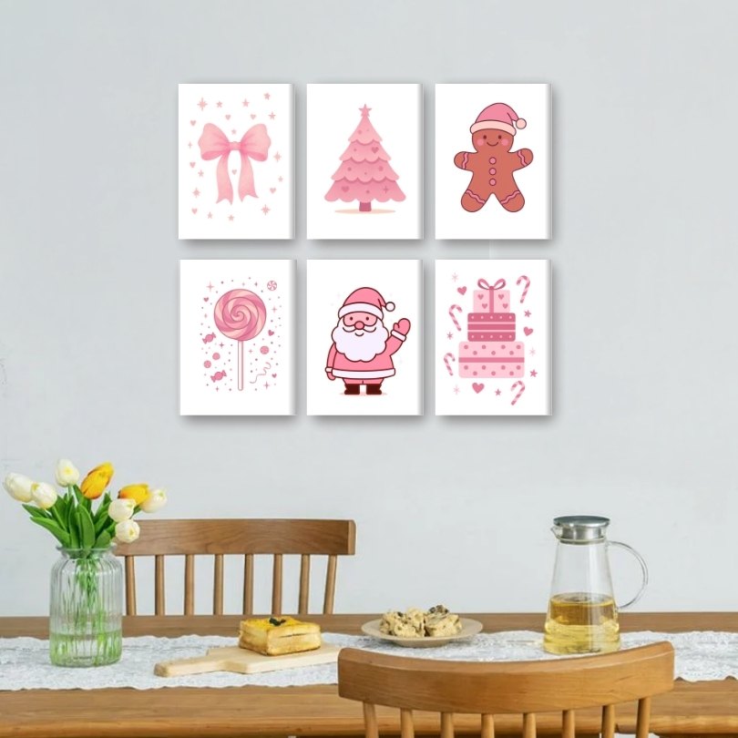 6 Mini Paintings - Cute Pink Christmas Set