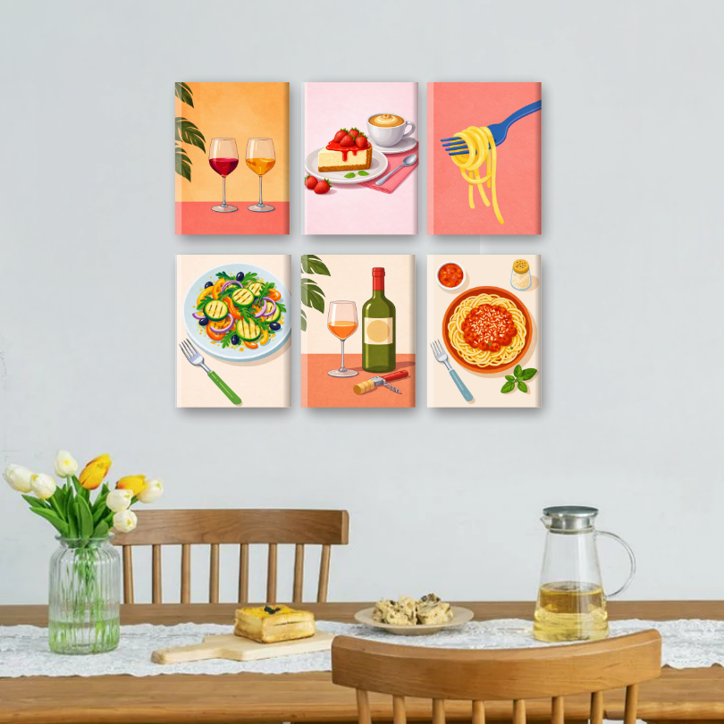 6 Mini Paintings - Dinner & Wine Set