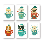 6 Mini Paintings - Dogs in Christmas Cups Set