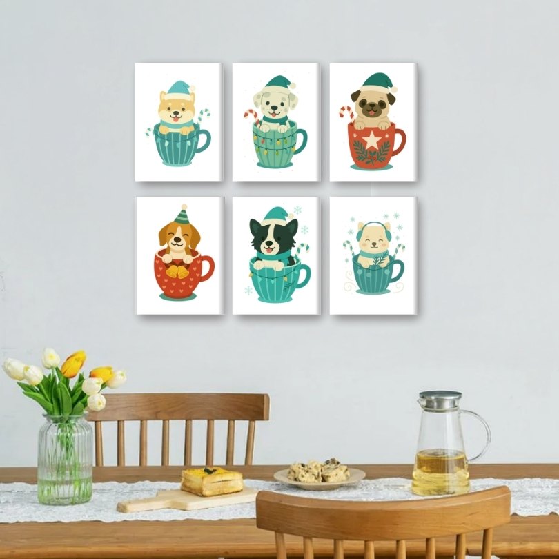 6 Mini Paintings - Dogs in Christmas Cups Set