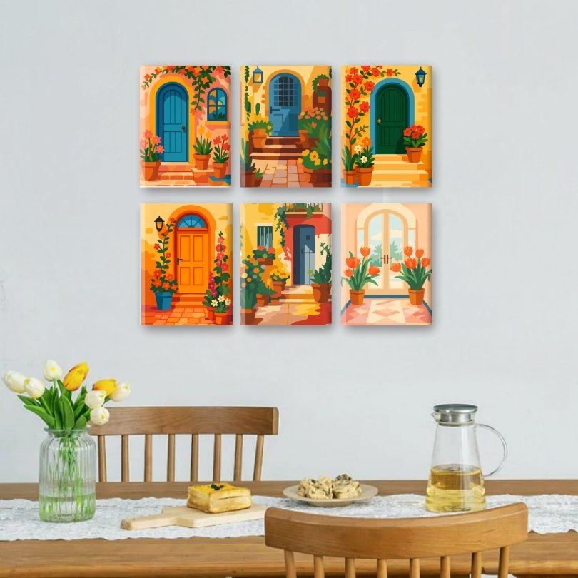 6 Mini Paintings - Flowers & Doors Set