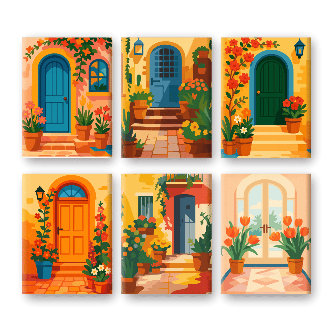 6 Mini Paintings - Flowers & Doors Set