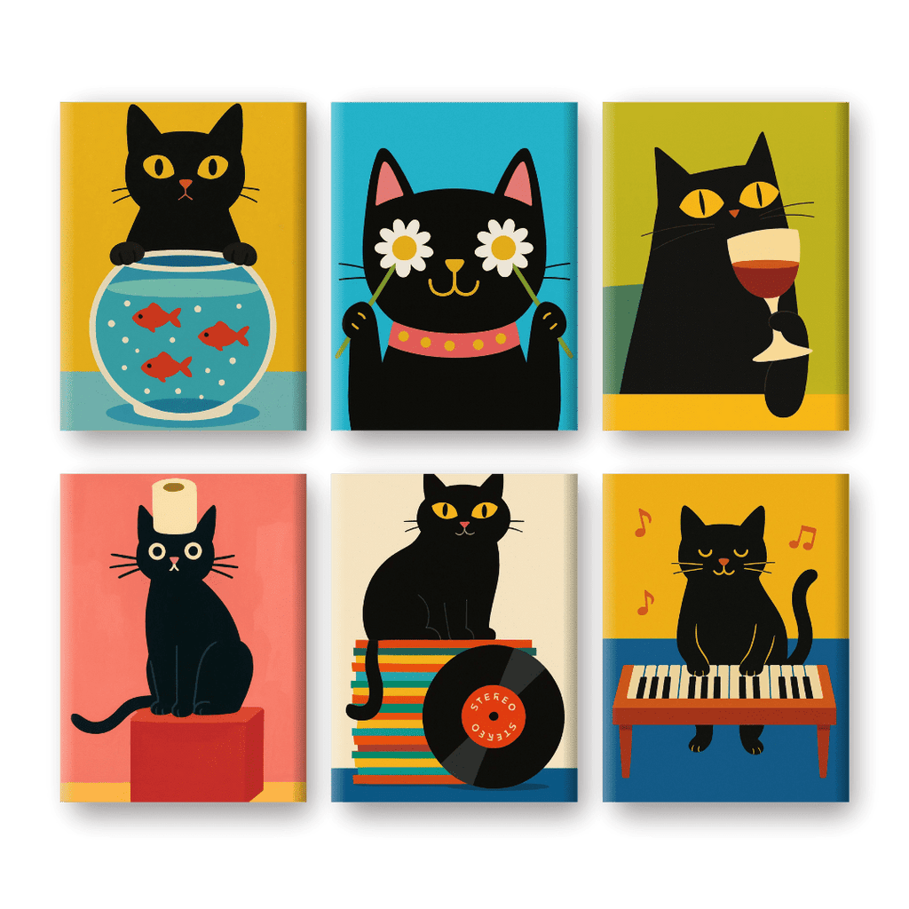 6 Mini Paintings - Funny Black Cat Set