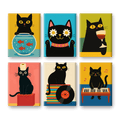 6 Mini Paintings - Funny Black Cat Set