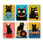 6 Mini Paintings - Funny Black Cat Set