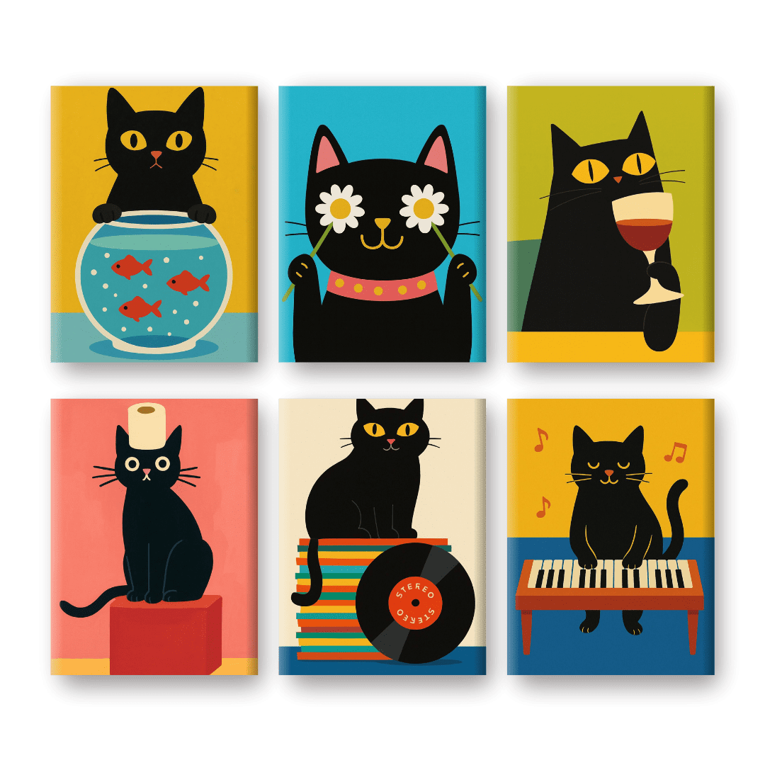 6 Mini Paintings - Funny Black Cat Set