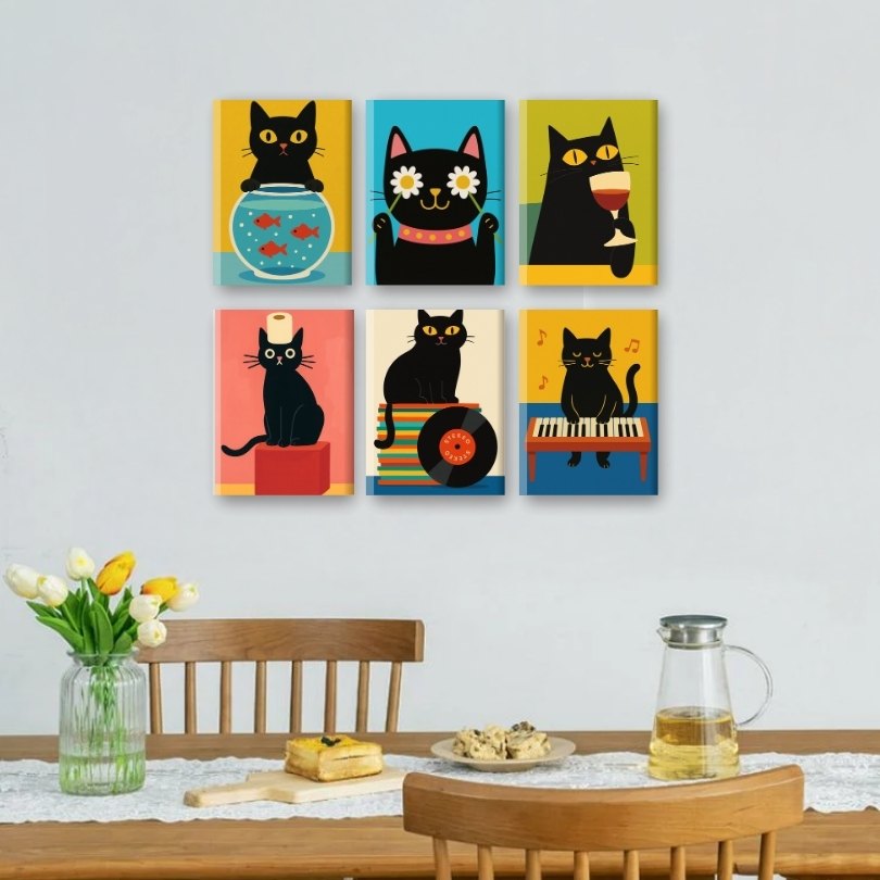 6 Mini Paintings - Funny Black Cat Set