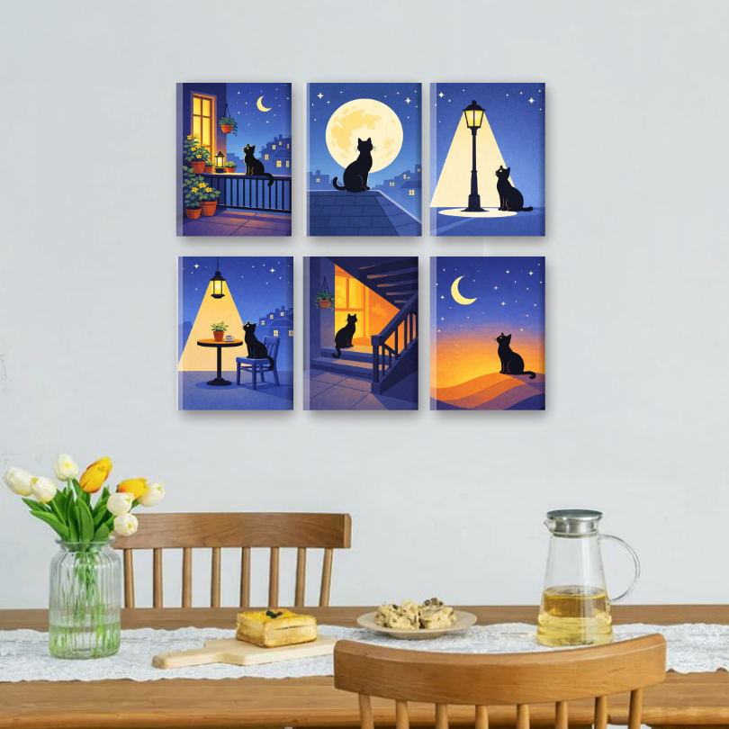 6 Mini Paintings - MIdnight Cat Set