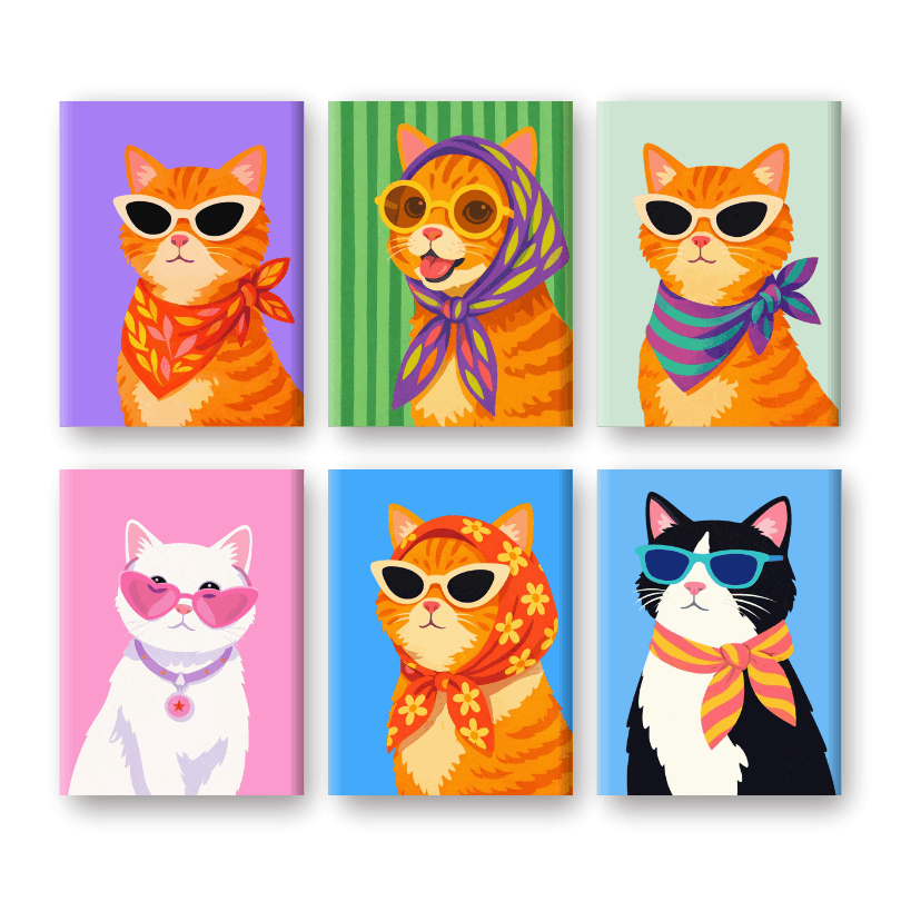 6 Mini Paintings - Stylish Cats Set