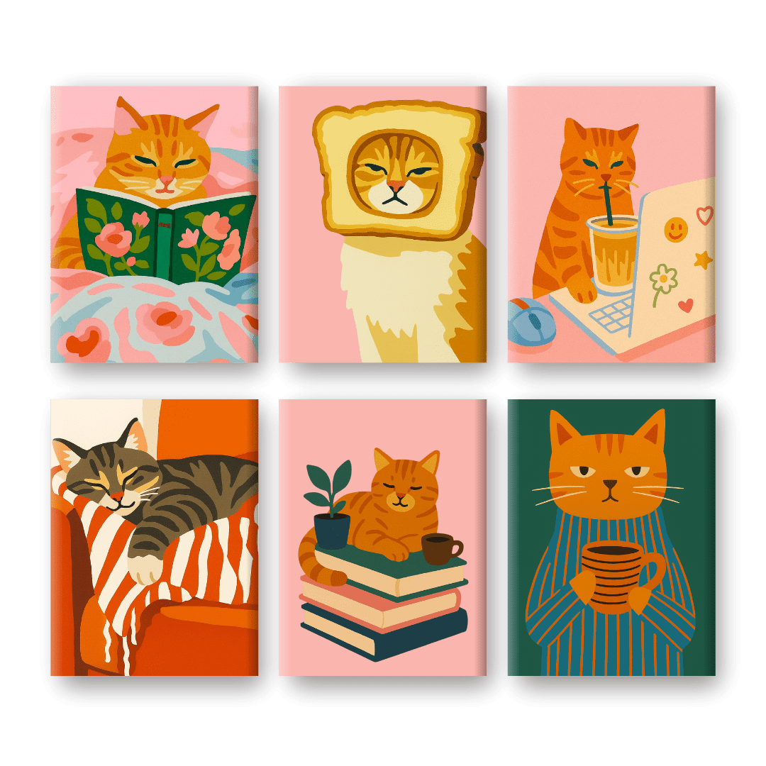 6 Mini Paintings | Tired Cats Set