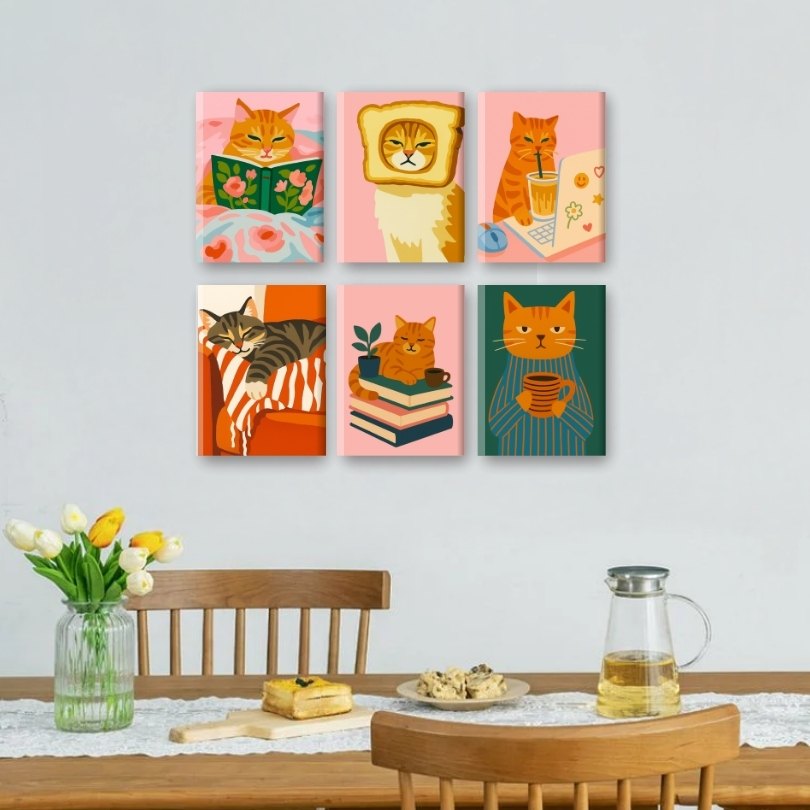 6 Mini Paintings | Tired Cats Set