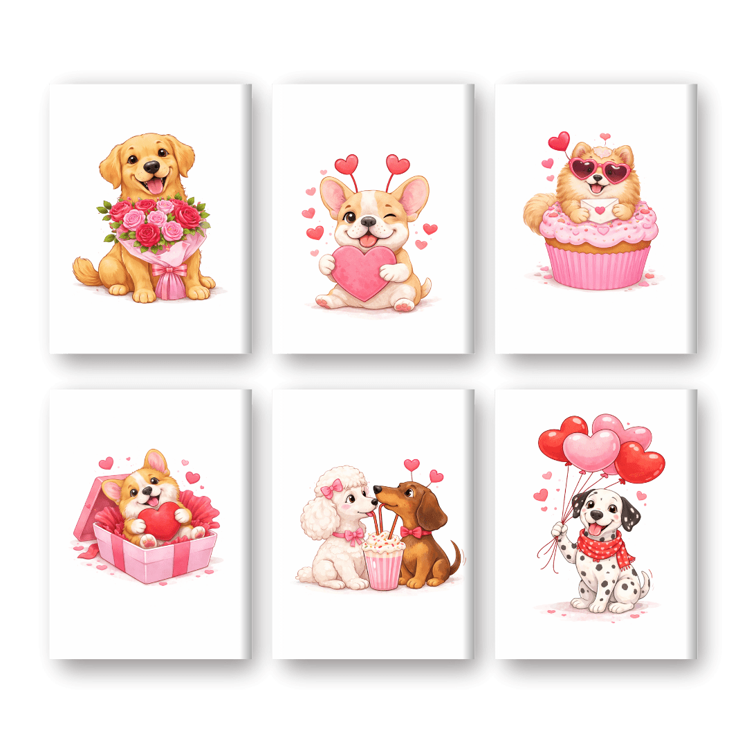 6 Mini Paintings - Valentine Dogs Set