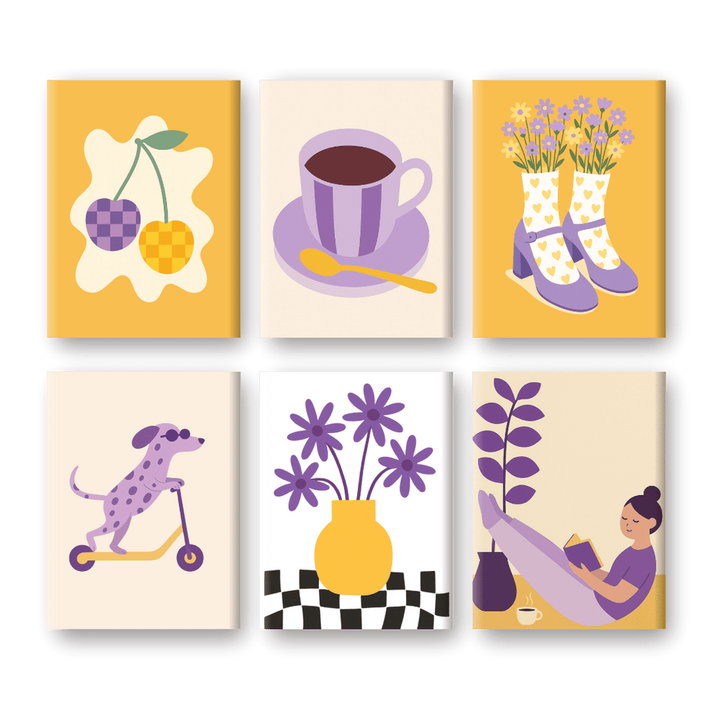 6 Mini Paintings - Yellow and Purple Vibes Set