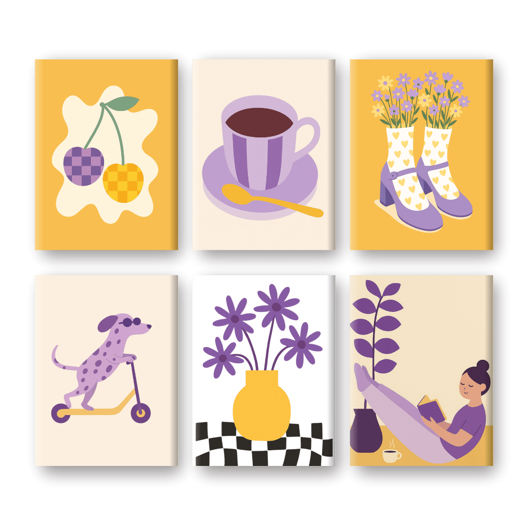 6 Mini Paintings - Yellow and Purple Vibes Set