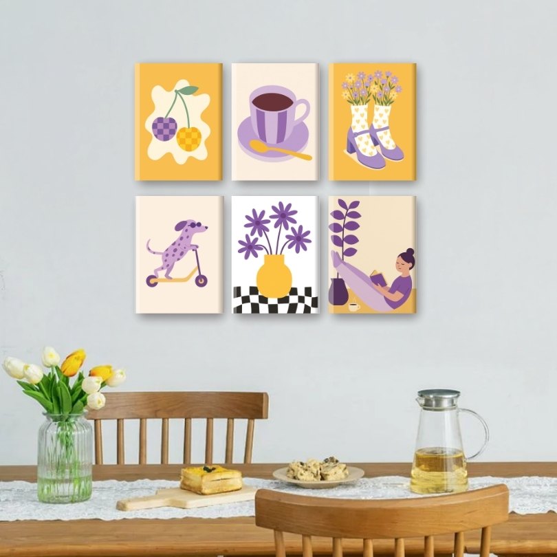 6 Mini Paintings - Yellow and Purple Vibes Set