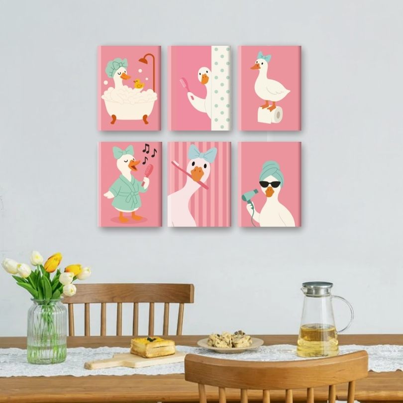 6 Mini Paintings - Bathroom Goose Set