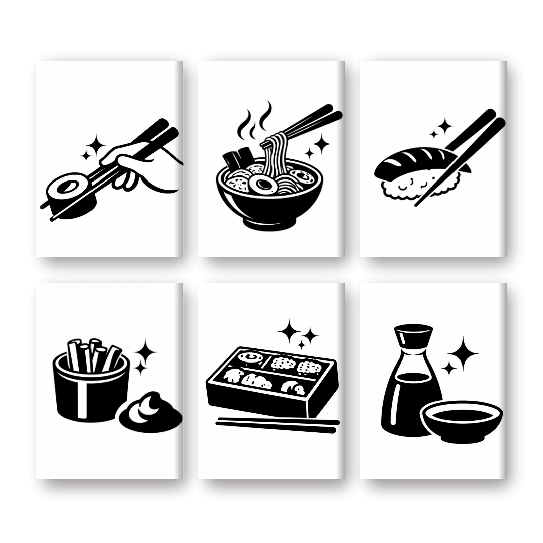 6 Mini Paintings - Black & White Sushi Set