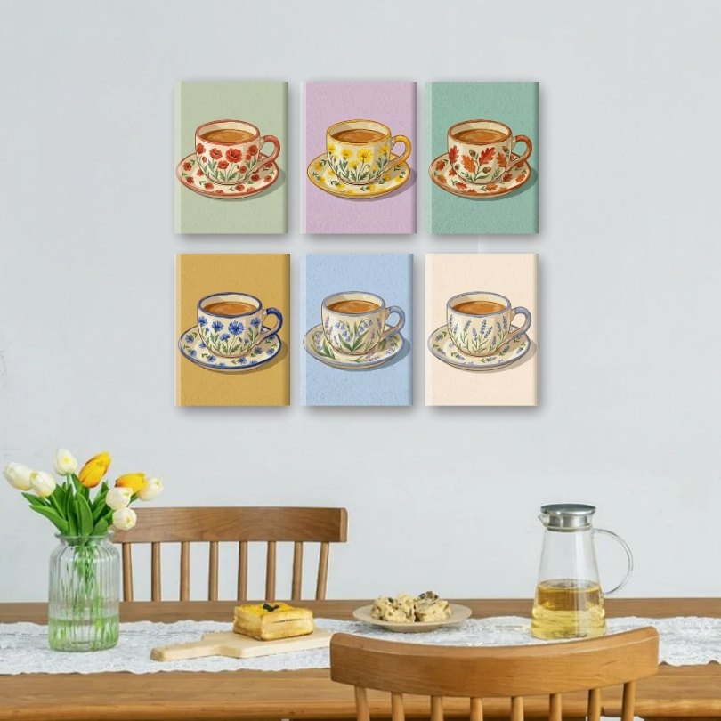 6 Mini Paintings - Blooming Teacups Set