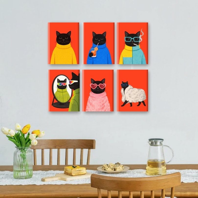 6 Mini Paintings - Elegant Black Cat Set