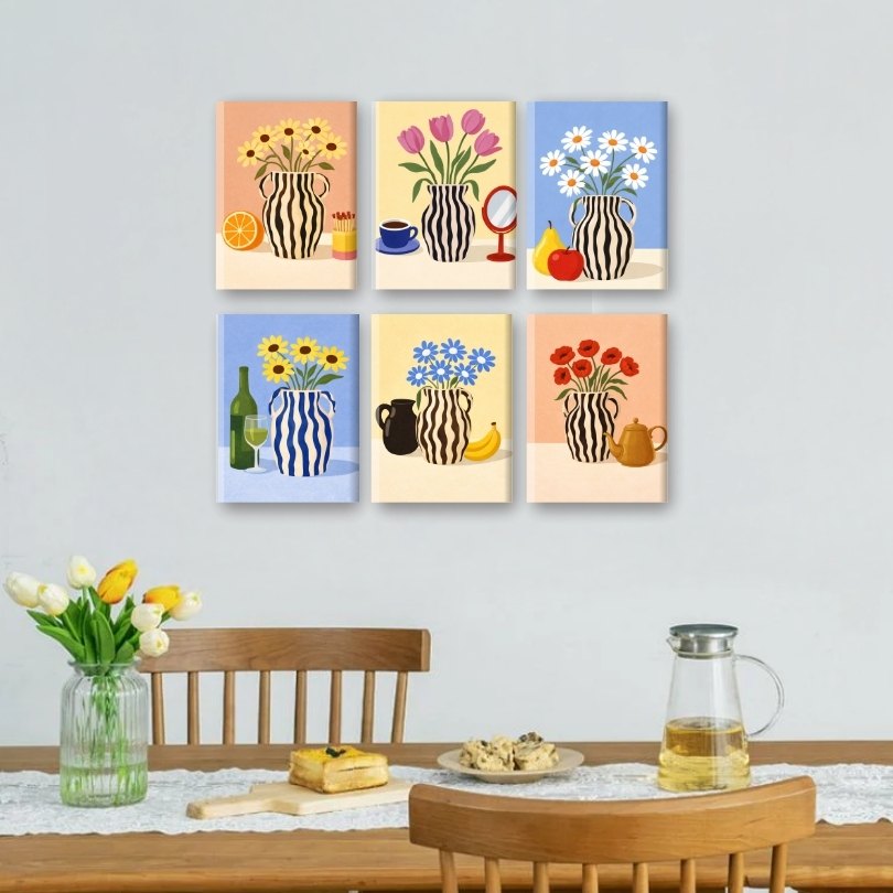 6 Mini Paintings - Blooming Vases Set