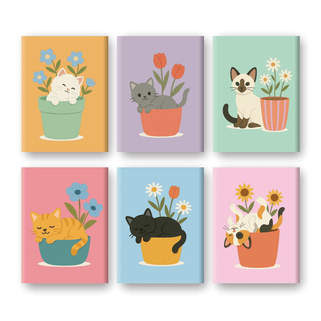 6 Mini Paintings -  Cats & Flowers Set