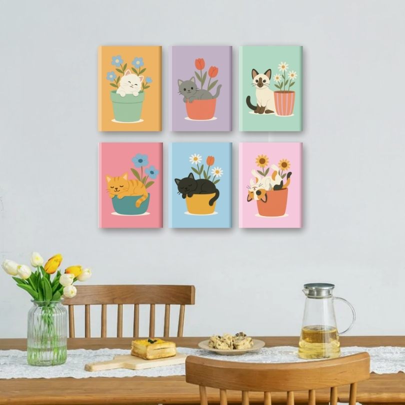 6 Mini Paintings -  Cats & Flowers Set