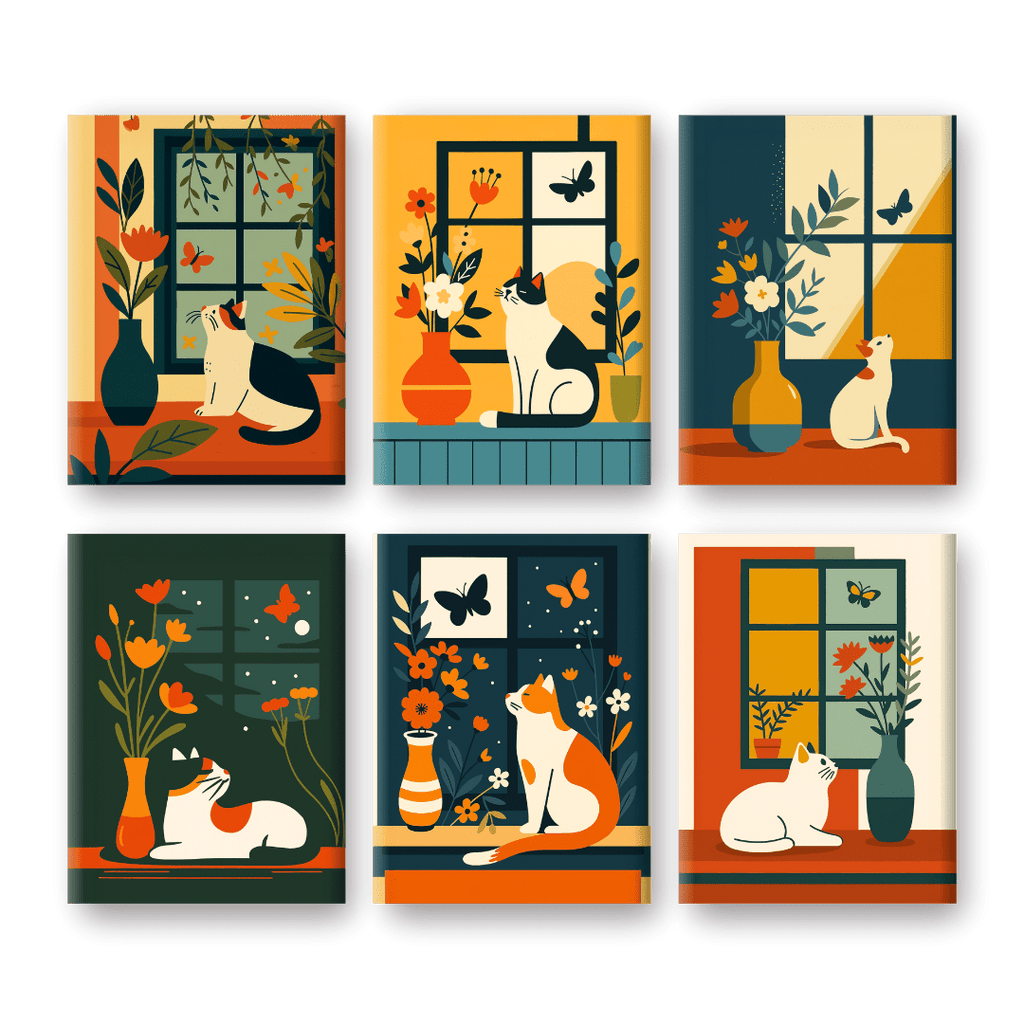 6 Mini Paintings | Cats at the Window Set